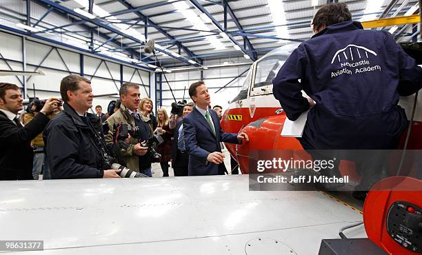 Nick Clegg, leader of the Liberal Democrats, visits Newcastle Aviation Academy on April 23, 2010 in Newcastle, England. The General Election, to be...