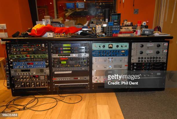 View of outboard sound processing equipment in the control room at the Paint Factory recording studio on 22nd October 2008 in the United Kingdom.