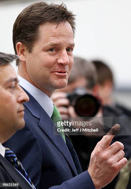 Nick Clegg, leader of the Liberal Democrats, visits Newcastle Aviation Academy on April 23, 2010 in Newcastle, England. The General Election, to be...