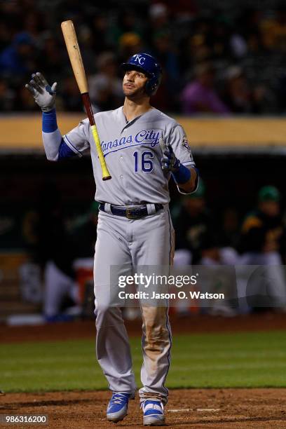 Paulo Orlando of the Kansas City Royals reacts after striking out against the Oakland Athletics during the ninth inning at the Oakland Coliseum on...