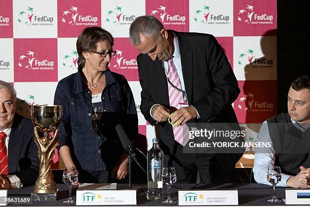 From Left Denise Parnell, International Tennis Federation referee and Juan Margets, Vice-President ITF, attend the drawing for the Fed Cup opposing...