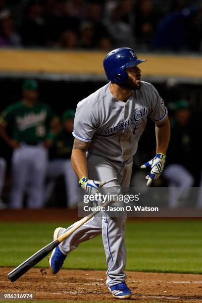 Mike Moustakas of the Kansas City Royals hits a home run against the Oakland Athletics during the eighth inning at the Oakland Coliseum on June 8,...