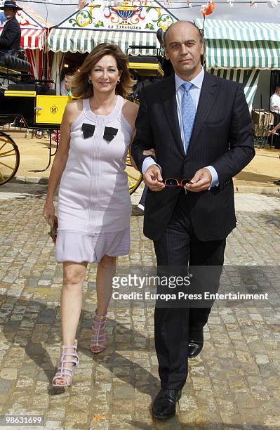 Ana Rosa Quintana and Juan Munoz attend the 'Feria de Abril' on April 23, 2010 in Seville, Spain. Feria de Abril is held annually in Seville, and...