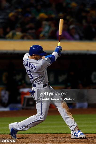 Paulo Orlando of the Kansas City Royals at bat against the Oakland Athletics during the seventh inning at the Oakland Coliseum on June 8, 2018 in...