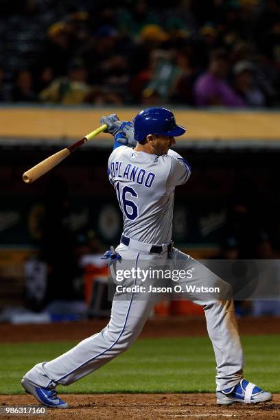 Paulo Orlando of the Kansas City Royals at bat against the Oakland Athletics during the seventh inning at the Oakland Coliseum on June 8, 2018 in...