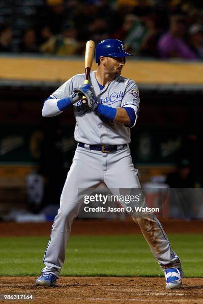 Paulo Orlando of the Kansas City Royals at bat against the Oakland Athletics during the seventh inning at the Oakland Coliseum on June 8, 2018 in...