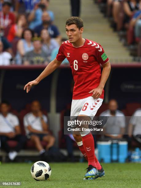 Andreas Christensen of Denmark in action during the 2018 FIFA World Cup Russia group C match between Denmark and France at Luzhniki Stadium on June...