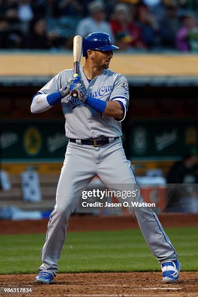 Paulo Orlando of the Kansas City Royals at bat against the Oakland Athletics during the fifth inning at the Oakland Coliseum on June 8, 2018 in...