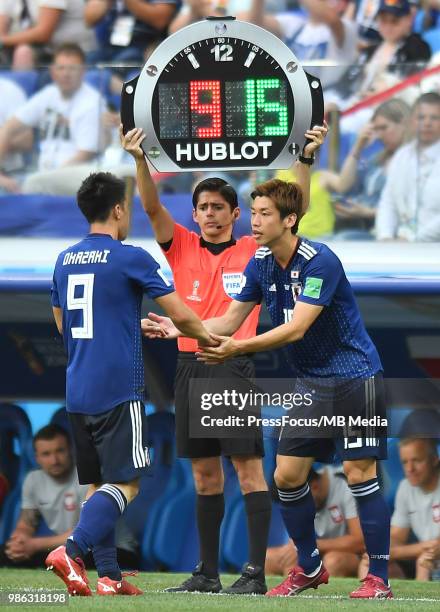 Shinji Okazaki of Japan player change Yuya Osako of Japan during the 2018 FIFA World Cup Russia group H match between Japan and Poland at Volgograd...