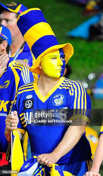 Parramatta fan looks on before the start of the round seven NRL match between the North Queensland Cowboys and the Parramatta Eels at Dairy Farmers...