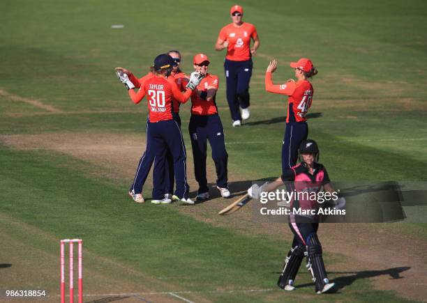 IiBRISTOL, ENGLAND England players celebrate as Katey Martin of New Zealand is bowled LBW during England Women vs New Zealand Women International T20...