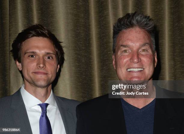 Actors Hartley Sawyer and Sam J. Jones pose backstage at the Academy Of Science Fiction, Fantasy & Horror Films' 44th Annual Saturn Awards held at...