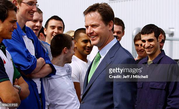 Nick Clegg leader of the Liberal Democrats visits Newcastle Aviation Academy on April 23, 2010 in Newcastle, England. The General Election, to be...