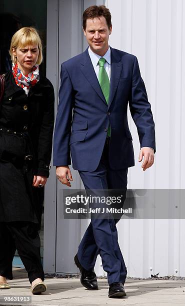 Nick Clegg leader of the Liberal Democrats visits Newcastle Aviation Academy on April 23, 2010 in Newcastle, England. The General Election, to be...