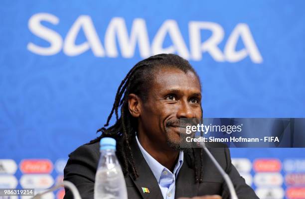 Aliou Cisse, Head coach of Senegal speaks during a press conference after the 2018 FIFA World Cup Russia group H match between Senegal and Colombia...