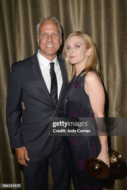 Actor Patrick Fabian and actress Rhea Seehorn pose backstage at the Academy Of Science Fiction, Fantasy & Horror Films' 44th Annual Saturn Awards...