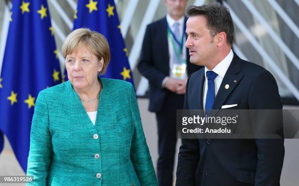 German Chancellor Angela Merkel and Prime Minister of Luxemburg Xavier Bettel attend the EU Leaders summit in Brussels, Belgium, 28 June 2018. The...