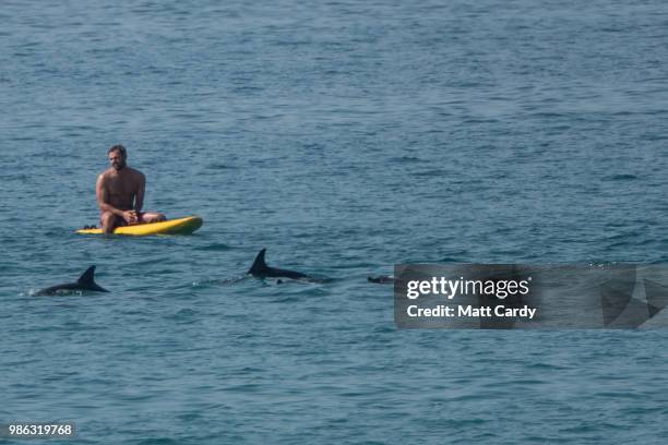 Man sits on a surf board as dolphins swim pass him at Sennen Cove near Penzance on June 28, 2018 in Cornwall, England. Parts of the UK are continuing...