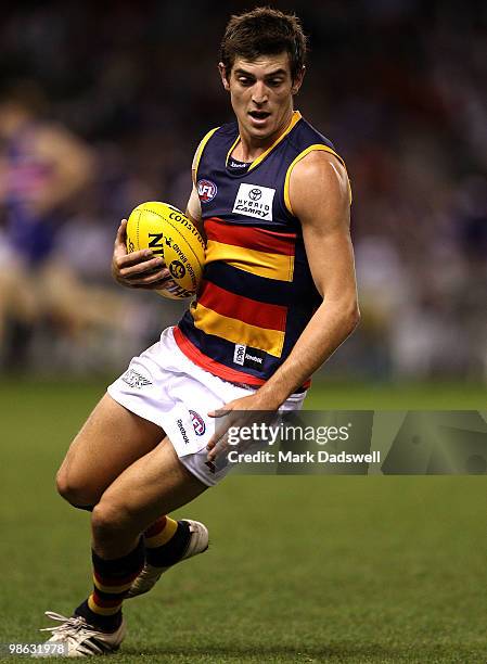 Ricky Henderson of the Crows gathers the ball during the round five AFL match between the Western Bulldogs and the Adelaide Crows at Etihad Stadium...