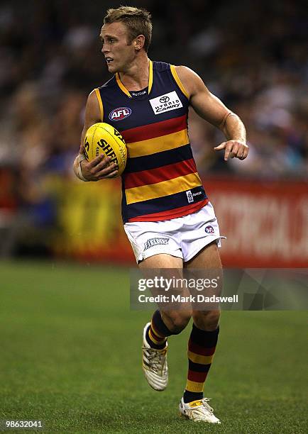 Brent Reilly of the Crows gathers the ball during the round five AFL match between the Western Bulldogs and the Adelaide Crows at Etihad Stadium on...