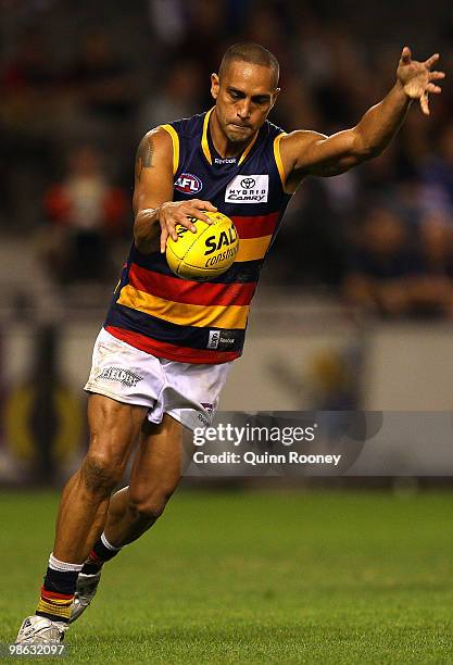 Andrew McLeod of the Crows kicks during the round five AFL match between the Western Bulldogs and the Adelaide Crows at Etihad Stadium on April 23,...