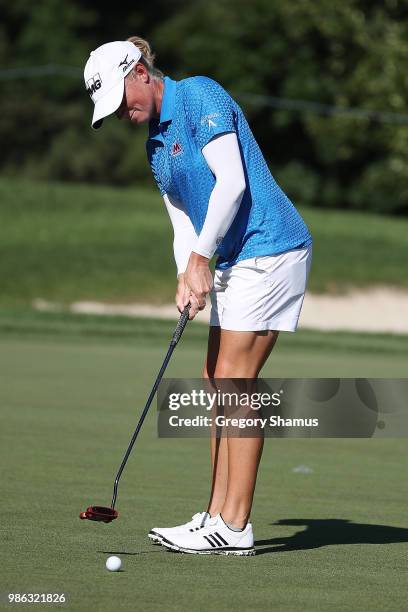 Stacy Lewis putts for birdie on the first green during the first round of the 2018 KPMG PGA Championship at Kemper Lakes Golf Club on June 28, 2018...