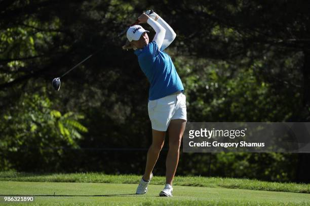 Stacy Lewis watches her tee shot on the second hole during the first round of the 2018 KPMG PGA Championship at Kemper Lakes Golf Club on June 28,...
