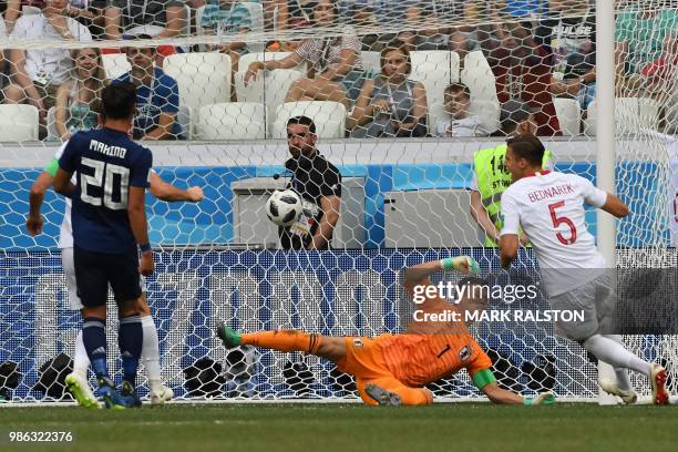 Poland's defender Jan Bednarek celebrates after scoring the opener past Japan's goalkeeper Eiji Kawashima during the Russia 2018 World Cup Group H...