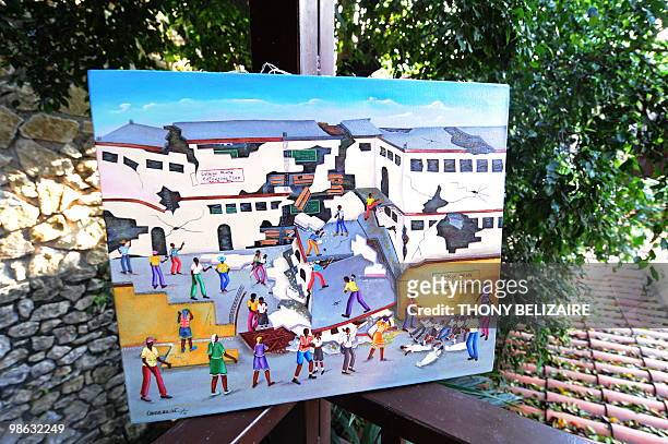 Painting of the earthquake by an unknown Haitian artist is viewed on April 23, 2010 in Port au Prince. Unlike some of Haiti's painters, it took...