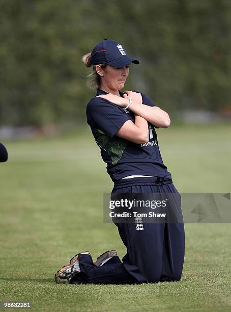 Charlotte Edwards of England warms up during the England Women's Cricket Team training session at the ECB Academy on April 23, 2010 in Loughborough,...