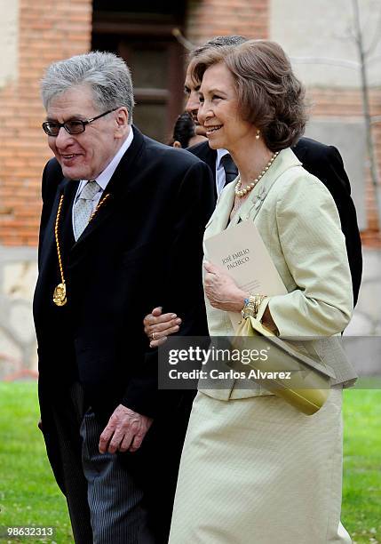 Queen Sofia of Spain and Mexican writer Jose Emilio Pacheco after the Cervantes Prize ceremony at Alcala de Henares University on April 23, 2010 in...