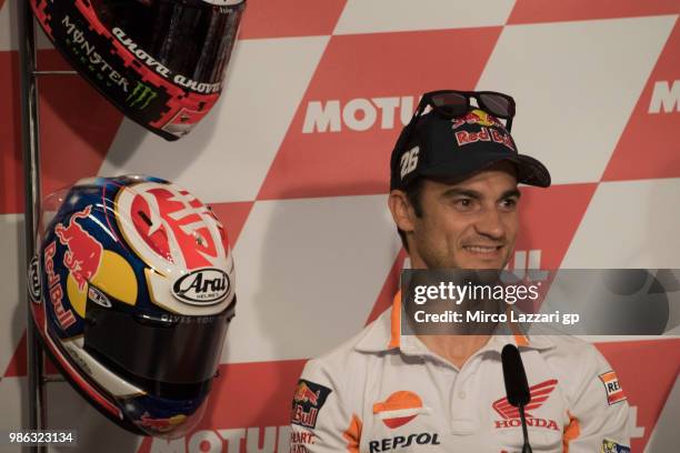 Dani Pedrosa of Spain and Repsol Honda Team smiles during the press conference pre-event during the MotoGP Netherlands - Previews on June 28, 2018 in...