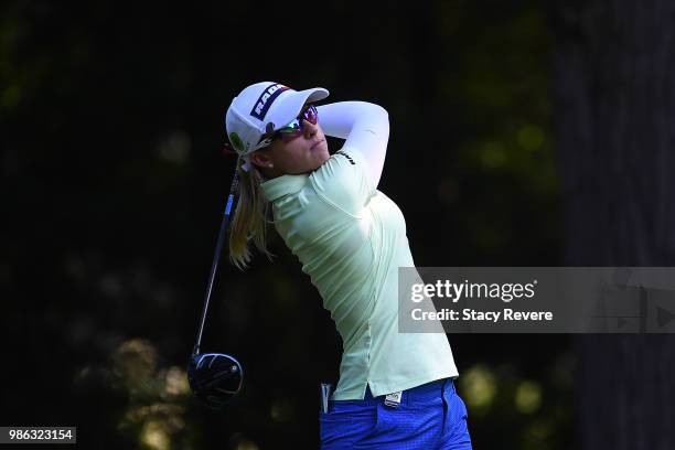 Jodi Ewart Shadoff of England hits her tee shot on the 12th hole during the first round of the KPMG Women's PGA Championship at Kemper Lakes Golf...