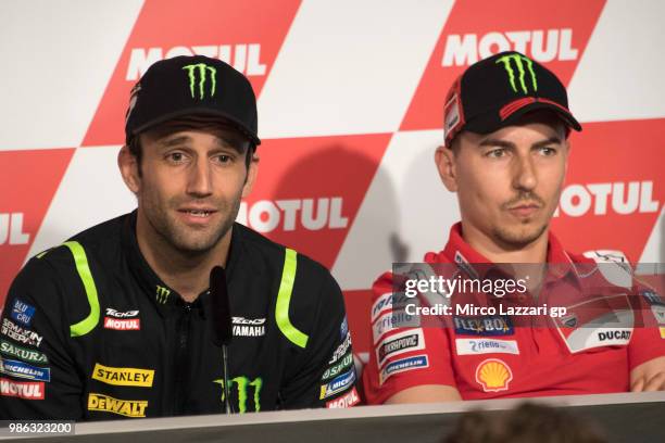 Johann Zarco of France and Monster Yamaha Tech 3 speaks during the press conference pre-event during the MotoGP Netherlands - Previews on June 28,...