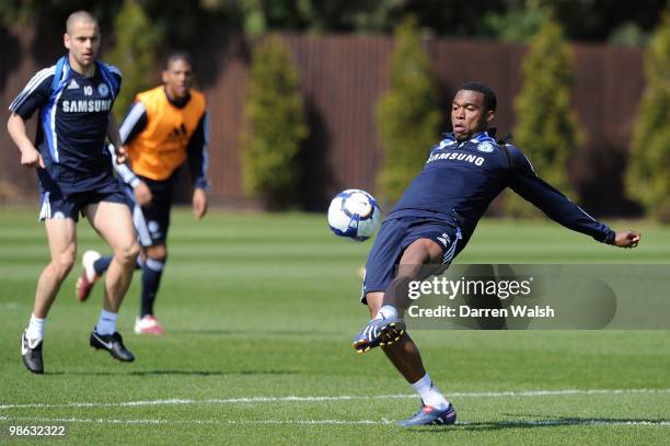 Daniel Sturridge, Joe Cole of Chelsea in action during a training session at the Cobham Training Ground on April 23, 2010 in Cobham, England.