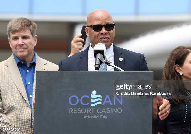 Atlantic City Mayor Frank Gilliam speaks at the Ocean Resort Casino opening weekend ribbon cutting ceremony on June 28, 2018 in Atlantic City, New...