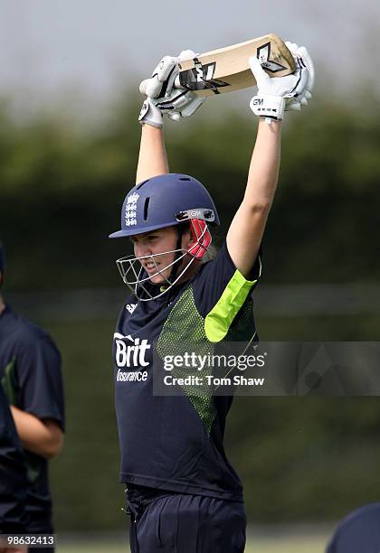 Beth Morgan of england warms up during the England Women's Cricket Team training session at the ECB Academy on April 23, 2010 in Loughborough,...