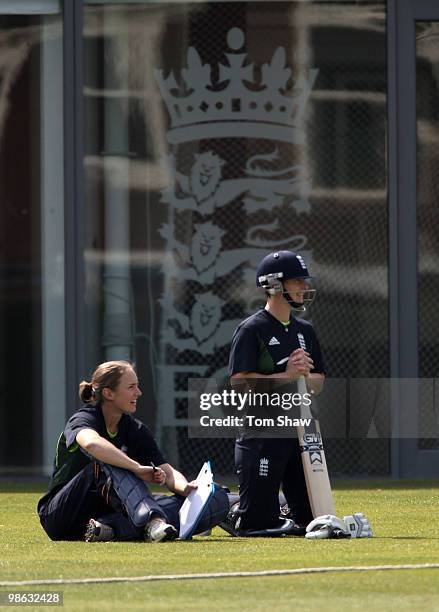 Beth Morgan and Claire Taylor of England look on from the boundry during the England Women's Cricket Team training session at the ECB Academy on...