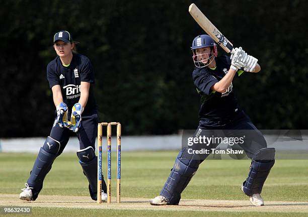 Beth Morgan of England warms up during the England Women's Cricket Team training session at the ECB Academy on April 23, 2010 in Loughborough,...