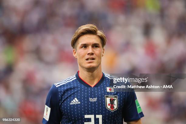 Gotoku Sakai of Japan in action during the 2018 FIFA World Cup Russia group H match between Japan and Poland at Volgograd Arena on June 28, 2018 in...