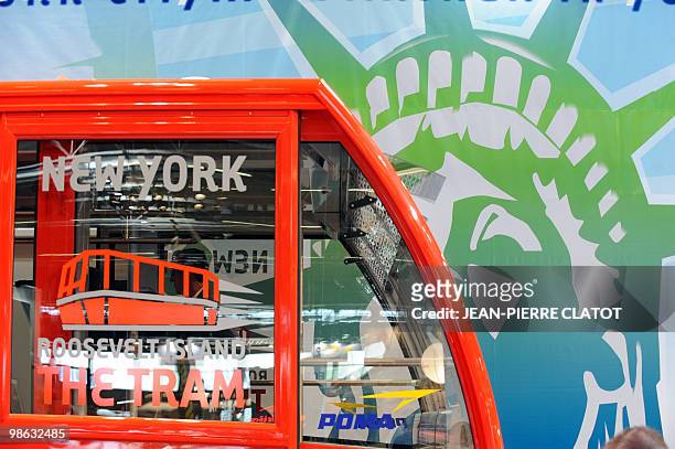 De l'Alpe d'Huez à New York: Poma, un leader mondial du transport par câble". The "Roosevelt Island Aerial Tramway" is displayed on April 21, 2010 at...