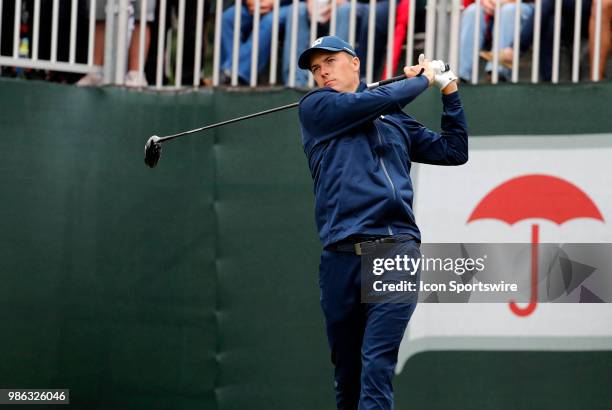 Jordan Spieth of the United States drives from the 1st tee during the Third Round of the Travelers Championship on June 23 at TPC River Highlands in...