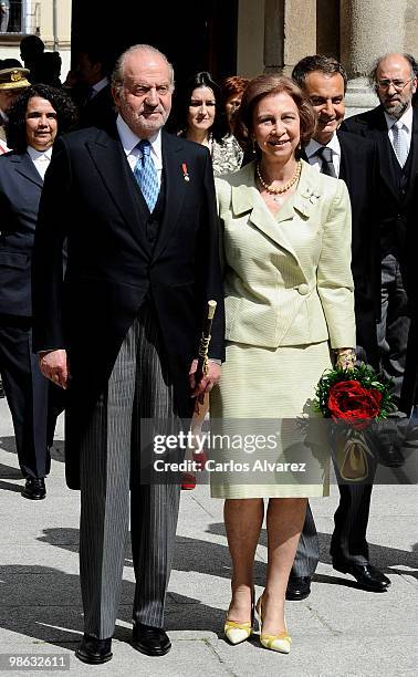 King Juan Carlos of Spain and Queen Sofia of Spain arrive at the Alcala de Henares University to attend the Cervantes prize ceremony to Mexican...