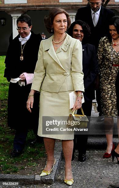 Queen Sofia of Spain poses for the photographers after the Cervantes Prize ceremony at Alcala de Henares University on April 23, 2010 in Madrid,...