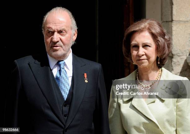 King Juan Carlos of Spain and Queen Sofia of Spain arrive at the Alcala de Henares University to attend the Cervantes prize ceremony to Mexican...