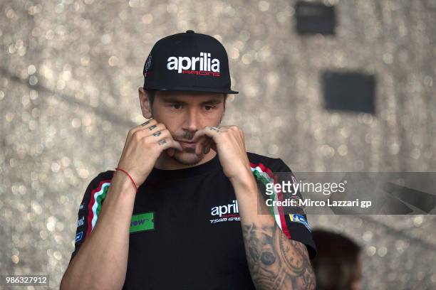 Scott Redding of Great Britain and Aprilia Racing Team Gresini plays during the pre-event "MotoGP riders will get a lesson of self-defense, with...