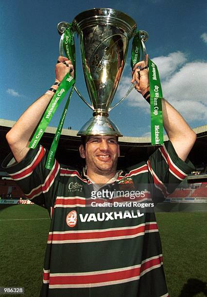 Captain Martin Johnson of Leicester with the Heineken Cup during the match between Stade Francais and Leicester Tigers in the Heineken Cup Final at...
