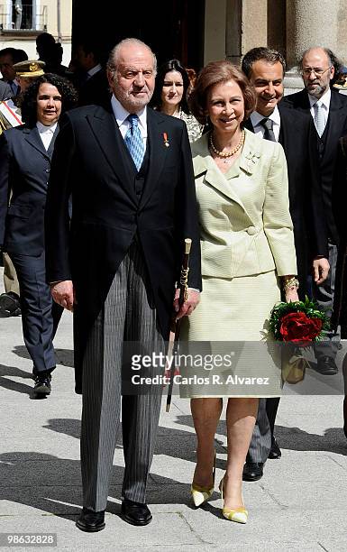 King Juan Carlos of Spain and Queen Sofia of Spain arrive at the Alcala de Henares University to attend the Cervantes prize ceremony to Mexican...