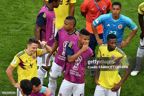 Colombia's team players celebrate after winning at the end of the Russia 2018 World Cup Group H football match between Senegal and Colombia at the...