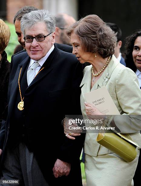 Mexican writer Jose Emilio Pacheco and Queen Sofia of Spain walk after the Cervantes Prize ceremony at Alcala de Henares University on April 23, 2010...